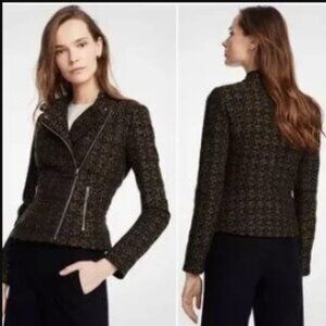 Ann Taylor women's tweed zip front moto cut textured blazer jacket sz 12